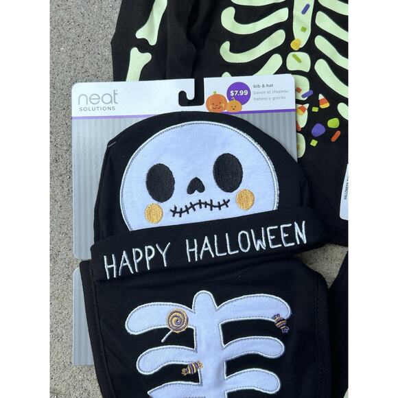Infant Toddler 12m Halloween Outfit Skeleton Shirt Pants Bib Hat Glow New - Picture 2 of 7